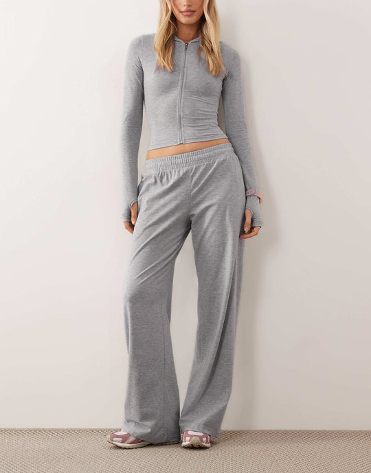 Damen Zweiteiliges Loungewear-Set geripptes Crop-Kapuzenoberteil mit Reißverschluss und Daumenloch sowie weiter Jogginghose Nord Taschen
