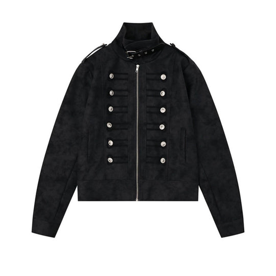 Damen Militärisch inspirierte kurze Jacke mit Reißverschluss, dekorativen Knopfleisten und Schulterklappen Nord Taschen