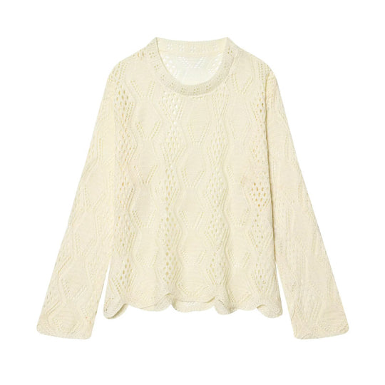 Damen Lochstrick-Pullover mit Zopfmuster und geschwungenem Saum Nord Taschen