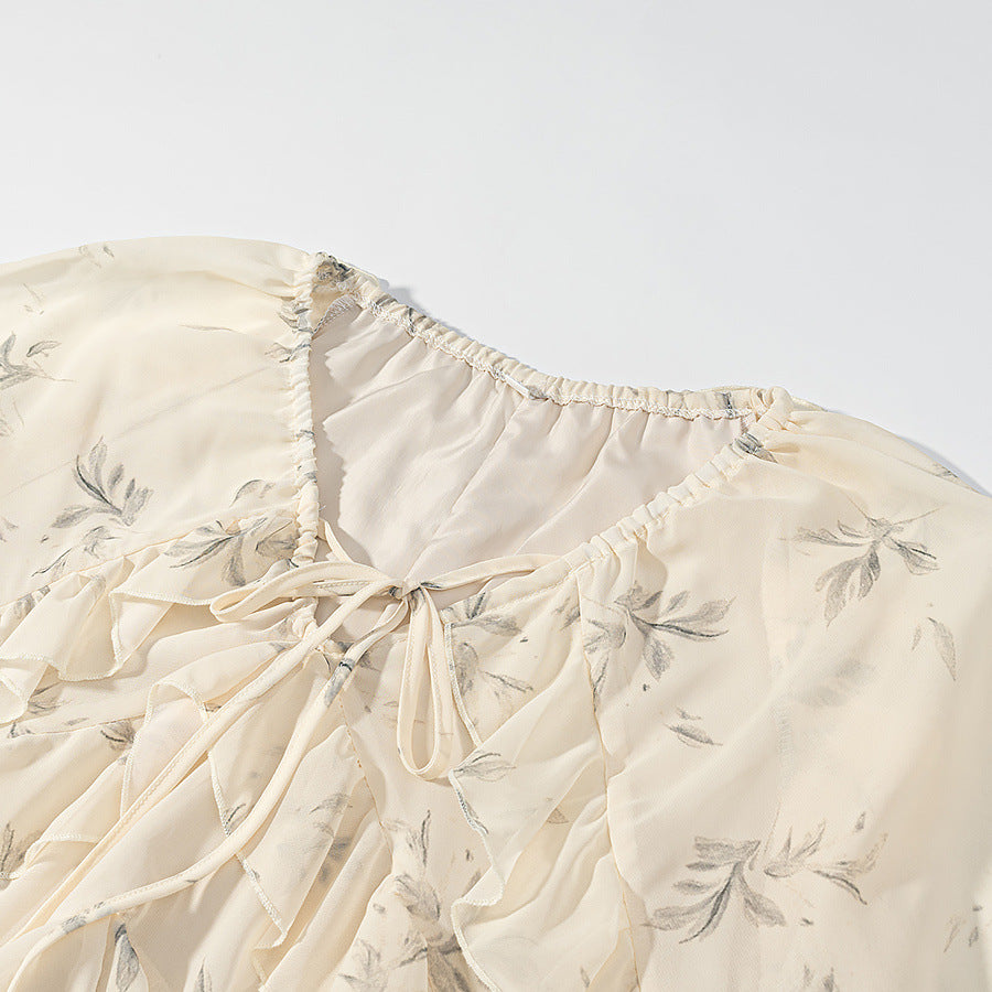 Damen Maxikleid mit Volants, langem Glockenärmel und floralem Chiffon-Design Nord Taschen