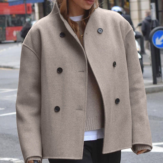 Damen modische Wolljacke mit doppelter Knopfleiste und hohen Kragen
