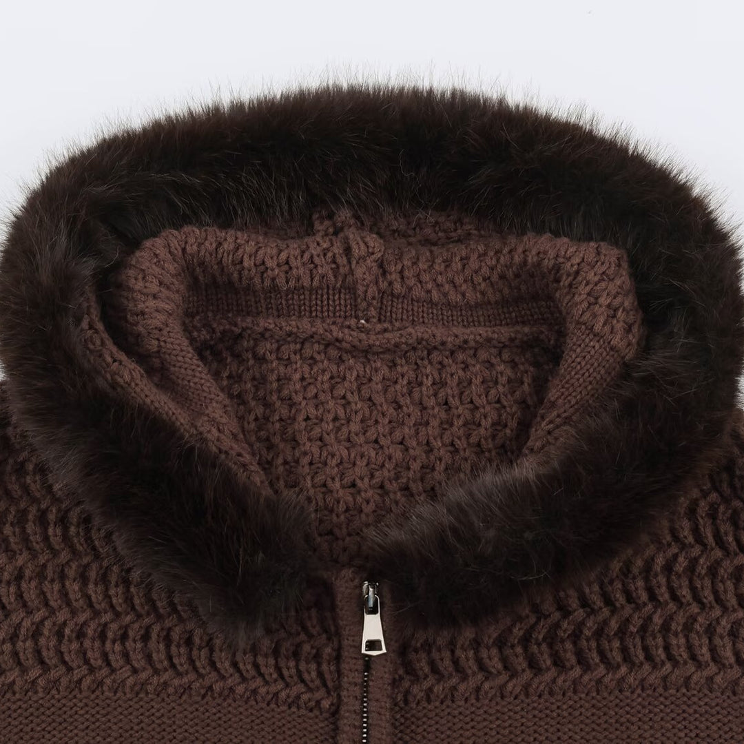 Damen Grobstrick-Cardigan mit Reißverschluss und Kunstfellkapuze Nord Taschen
