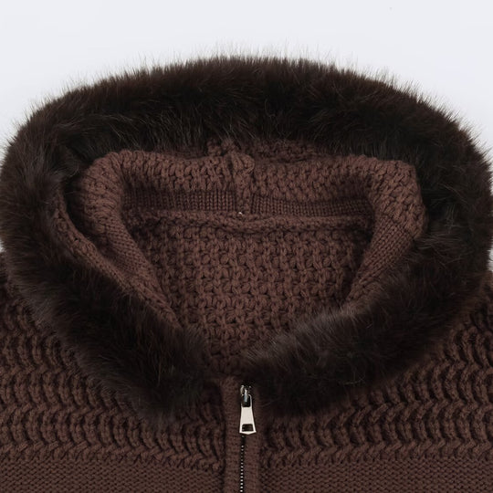 Damen Grobstrick-Cardigan mit Reißverschluss und Kunstfellkapuze Nord Taschen