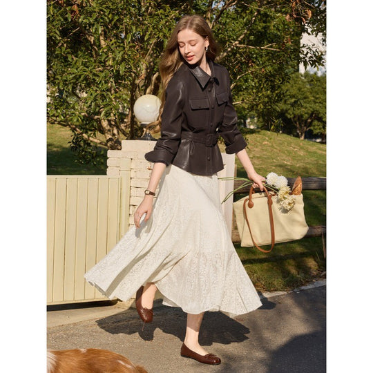 Damen Taillierter Utility-Lederblouson mit Bindegürtel und aufgesetzten Brusttaschen Nord Taschen