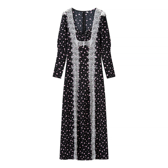 Damen Maxikleid mit Spitzeneinsatz, langen Ärmeln und floralem Allover-Print Nord Taschen