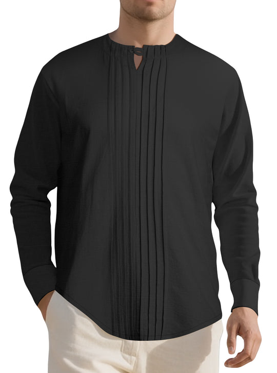 Herren Leichtes Langarmshirt im Leinenlook mit Stehkragen, Kellerfalten und Schlaufenverschluss Nord Taschen
