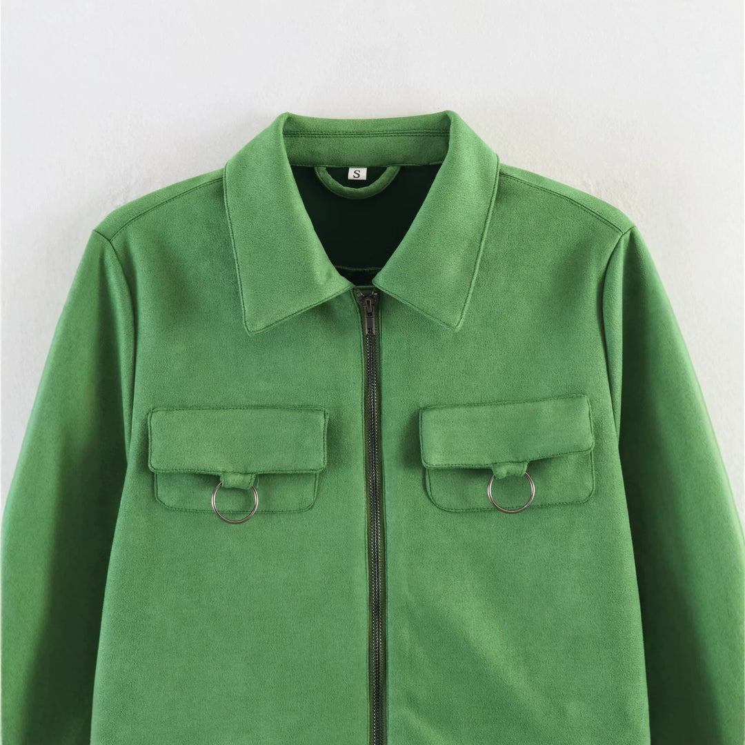 Damen Kurzjacke im Utility-Stil aus Veloursleder-Optik mit Brusttaschen und Metallringen Nord Taschen