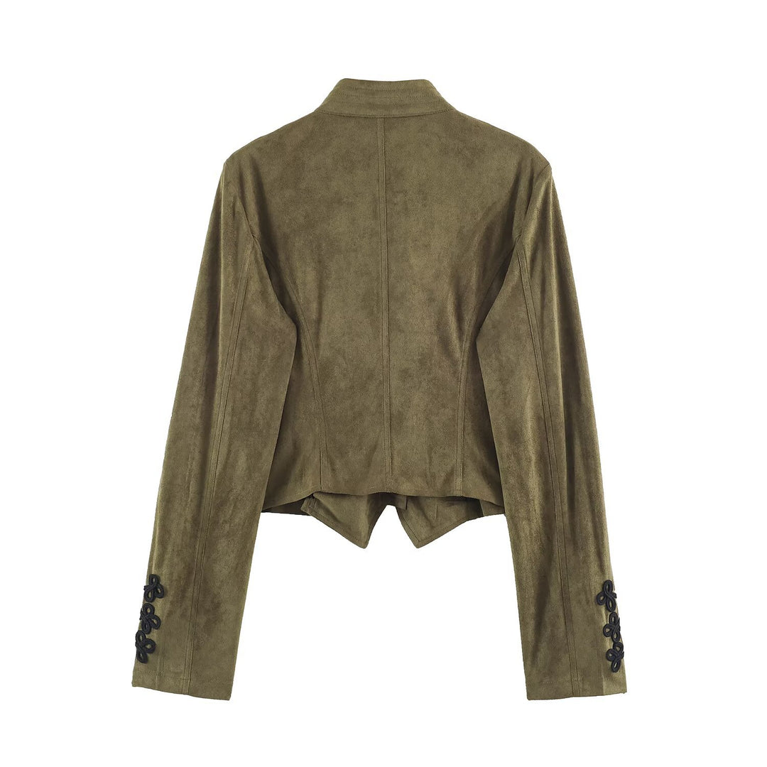 Damen Cropped Veloursimitat‑Jacke mit dekorativen Kordelfröschen Nord Taschen