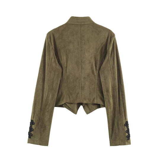 Damen Cropped Veloursimitat‑Jacke mit dekorativen Kordelfröschen Nord Taschen