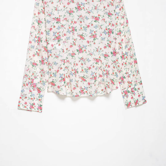 Damen Rüschenbluse mit floralem Allover-Print und Hemdkragen Nord Taschen