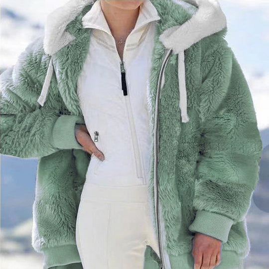 Damen Oversized Sherpa-Zipjacke mit Kontrastkragen, Rippbündchen und Kordelzug Nord Taschen