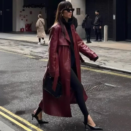 Damen 100+ langer oversize Kunstleder‑Trenchcoat mit Taillengürtel und weitem Revers Nord Taschen