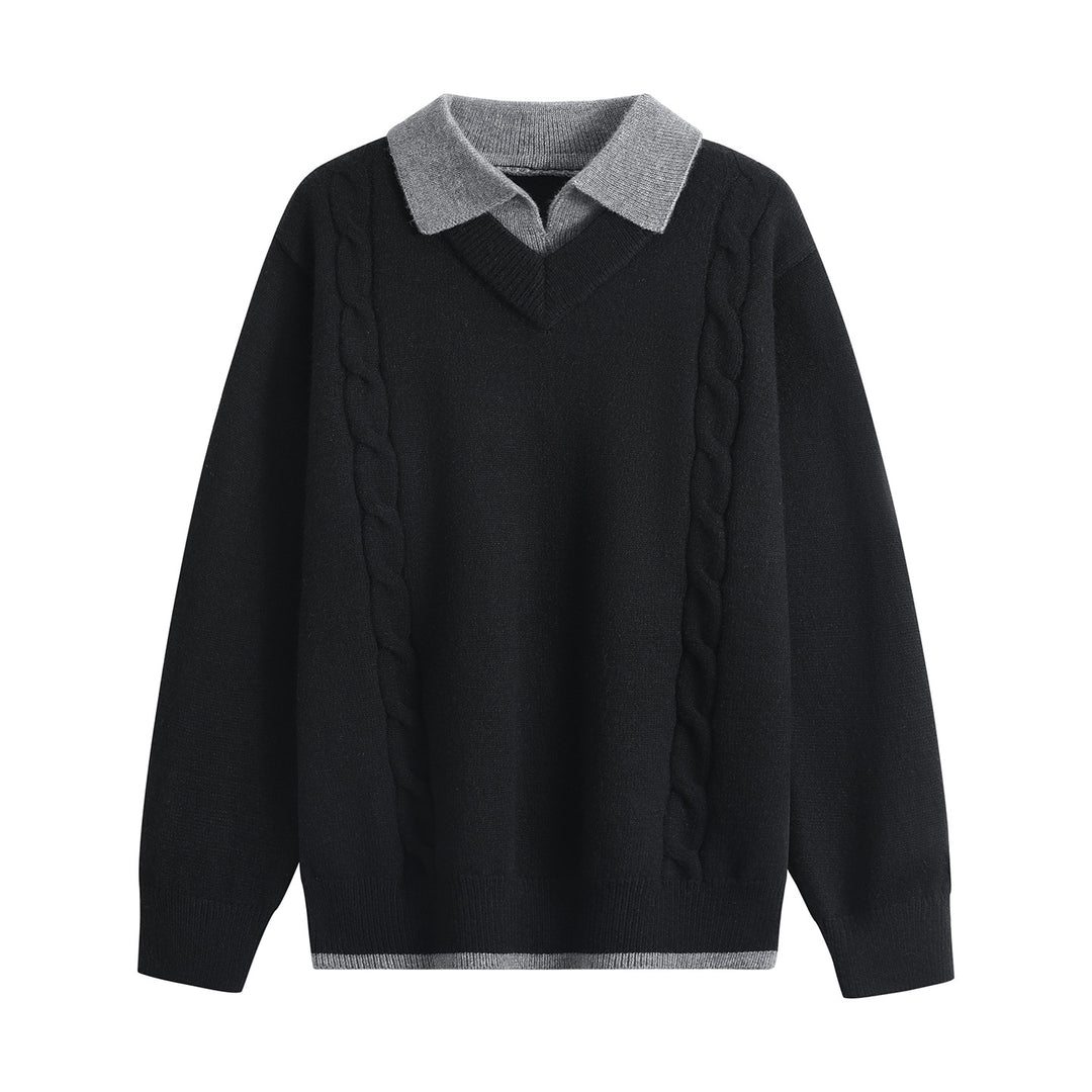 Damen Oversize-Pullover mit V-Ausschnitt, kontrastierendem Polokragen & Zopfstrick-Details Nord Taschen