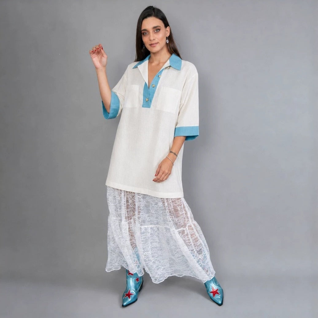 Damen oversized Polo-Tunika mit Kontrastkragen und aufgesetzten Brusttaschen Nord Taschen