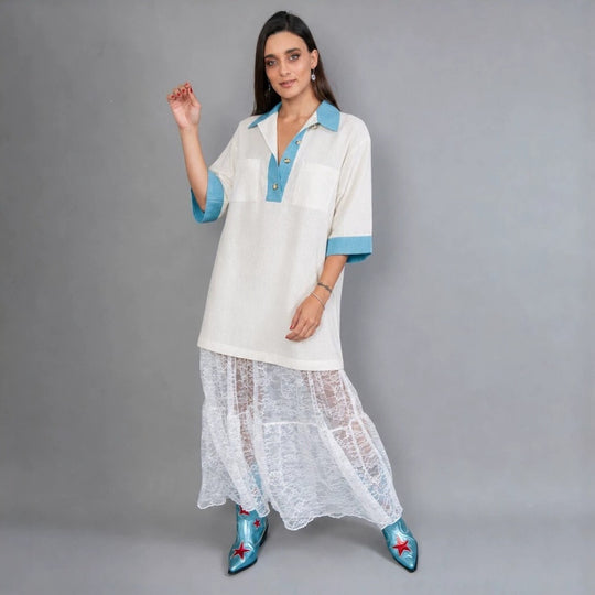 Damen oversized Polo-Tunika mit Kontrastkragen und aufgesetzten Brusttaschen Nord Taschen