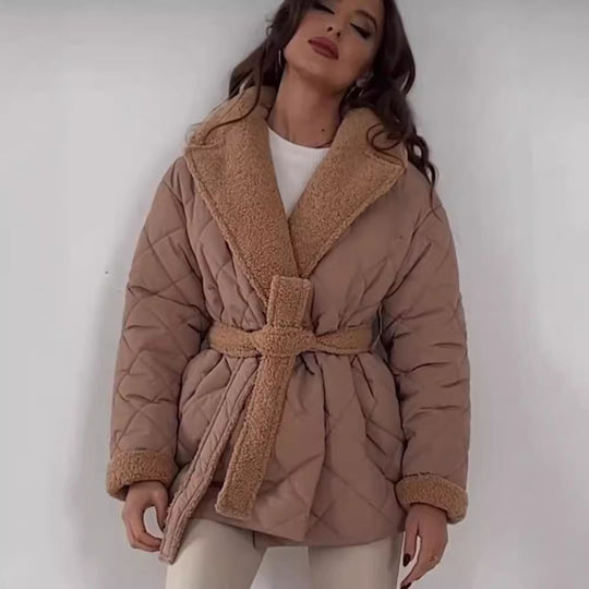 Damen Steppjacke mit Teddy-Futter Taillengürtel und großem Schalkragen Nord Taschen