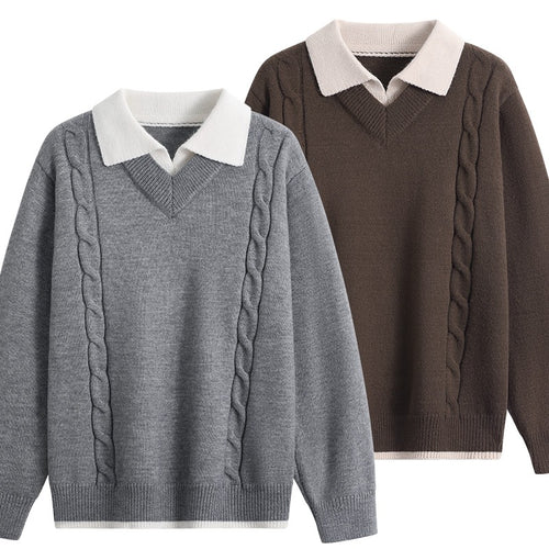Damen Oversize-Pullover mit V-Ausschnitt, kontrastierendem Polokragen & Zopfstrick-Details Nord Taschen