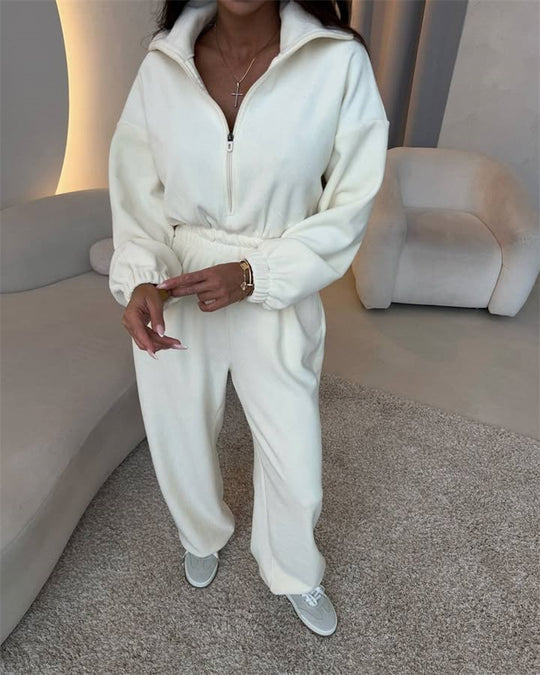 Damen eleganter Lounge-Overall mit elastischer Taillenpartie, Stehkragen, Reißverschluss und weitem Bein Nord Taschen
