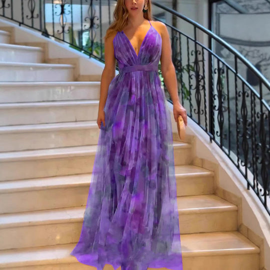 Damen Elegantes Maxikleid mit tiefem V-Ausschnitt und luftigen Stoffschichten
