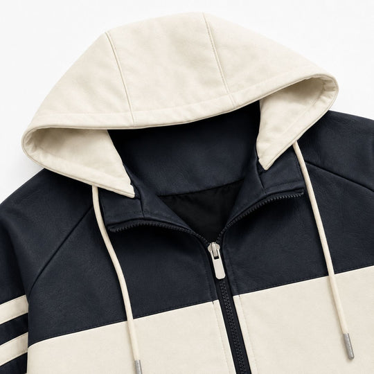 Herren Sportlicher Kapuzen‑Bomber mit Kunstlederoptik, Kontraststreifen und Reißverschluss Nord Taschen