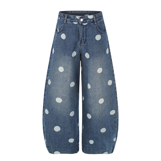 Damen Weite Jeans-Culotte im Palazzo-Stil mit hohem Bund und Punktmuster Nord Taschen