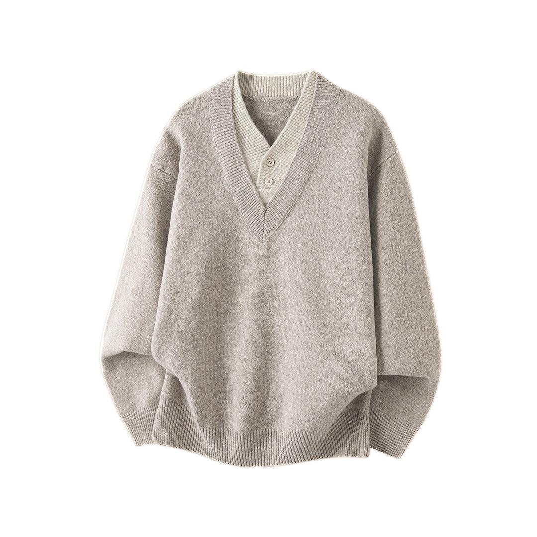 Damen Oversize Strickpullover mit tiefem V-Ausschnitt und eingesetzter Henley‑Blende Nord Taschen