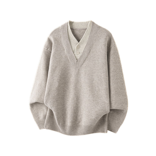 Damen Oversize Strickpullover mit tiefem V-Ausschnitt und eingesetzter Henley‑Blende Nord Taschen