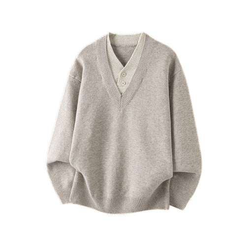Damen Oversize Strickpullover mit tiefem V-Ausschnitt und eingesetzter Henley‑Blende Nord Taschen