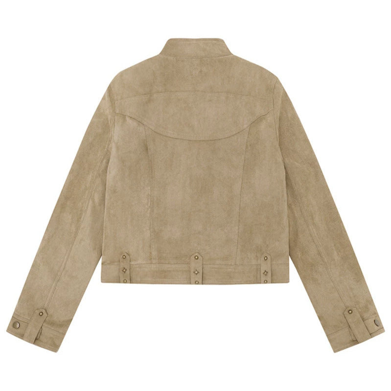 Damen Kurz geschnittene Velourslederjacke mit Stehkragen, Zier‑Nieten und Pattentaschen Nord Taschen