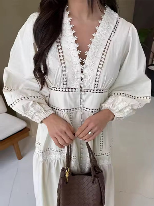 Damen Maxikleid im Boho‑Stil mit Spitzeneinsätzen, Knopfleiste und Ballonärmeln Nord Taschen