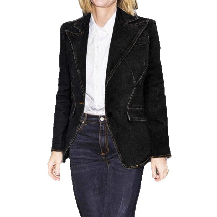 Damen taillierte Denim-Blazerjacke mit Reverskragen und kontrastierender Steppung Nord Taschen