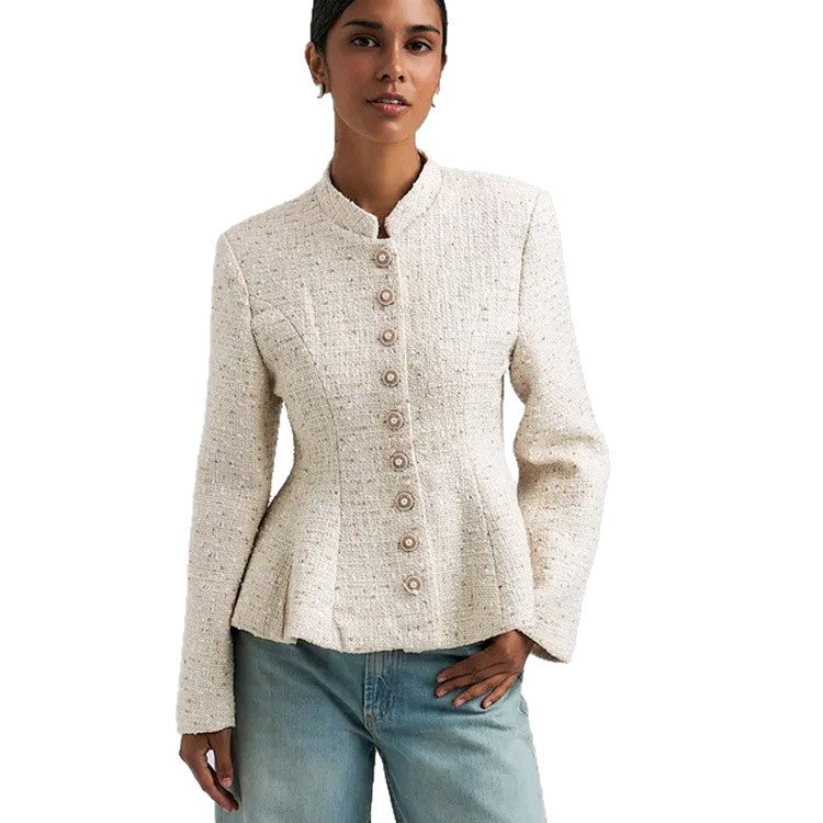 Damen Bouclé-Blazer mit Stehkragen und taillierter Schößchen-Silhouette Nord Taschen