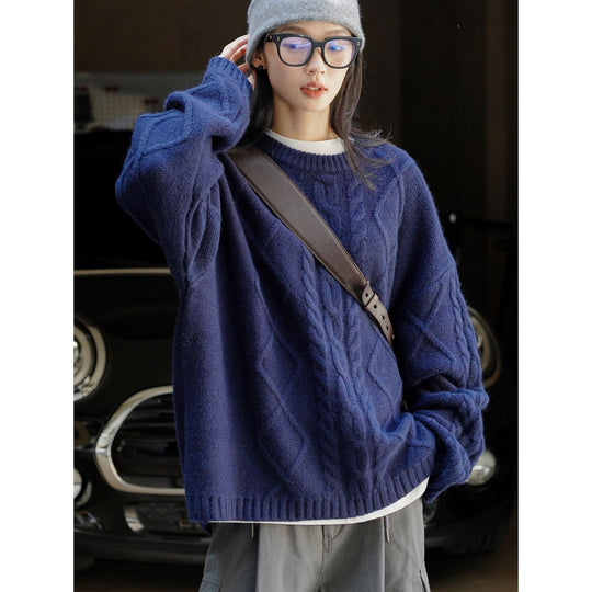 Damen Oversized Grobstrickpullover mit markantem Zopfmuster und Rippbündchen Nord Taschen