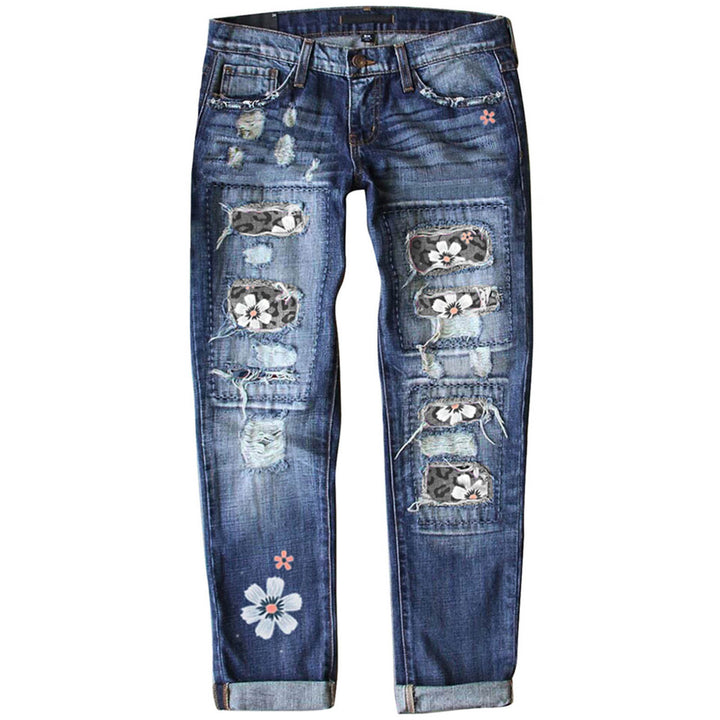 Damen verwaschene schmale Jeans mit Leopardenpatches und Glitzerbesatz Nord Taschen