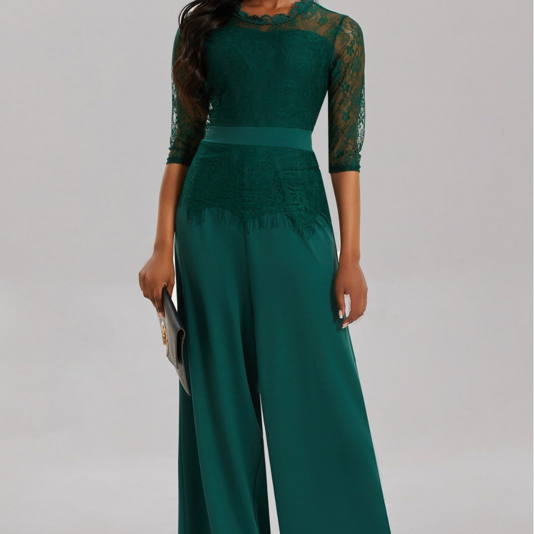 Eleganter Damen Jumpsuit mit Spitzenärmeln und Weitem Bein | Avellé
