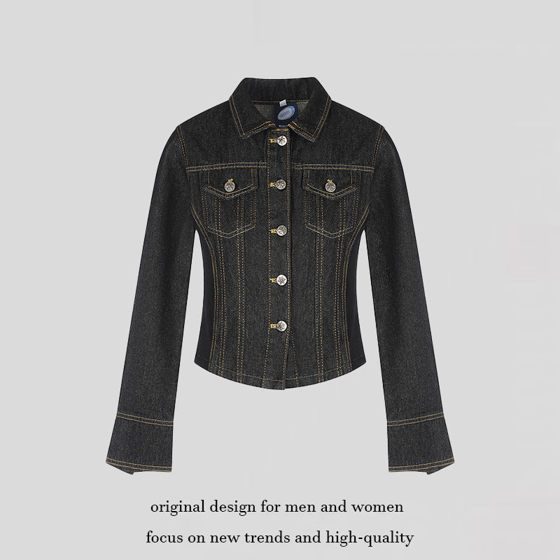 Damen taillierte Cropped-Jeansjacke mit Formnähten, Brustpatten und Schmuckknöpfen Nord Taschen