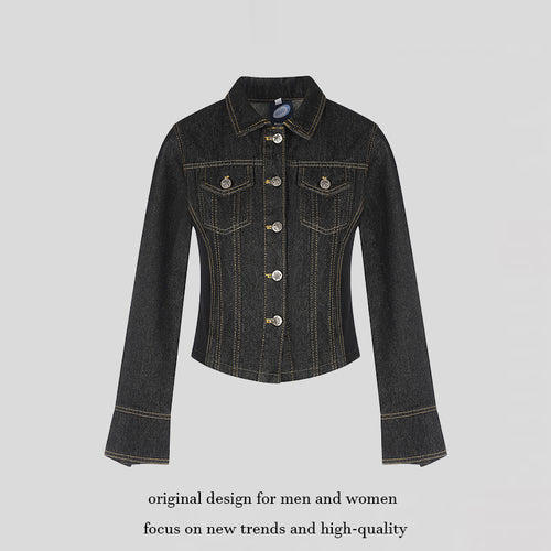 Damen taillierte Cropped-Jeansjacke mit Formnähten, Brustpatten und Schmuckknöpfen Nord Taschen