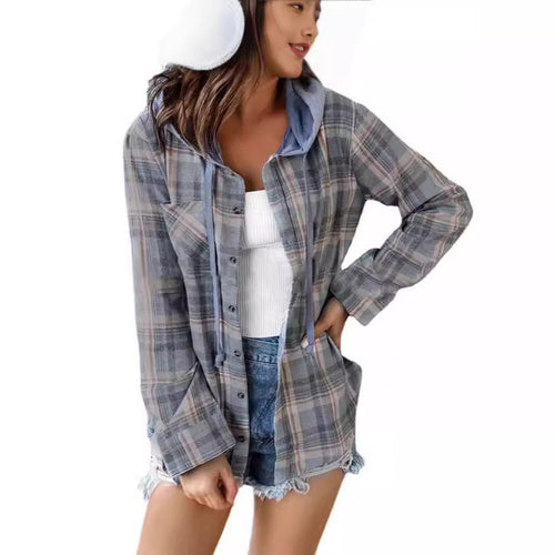 Damen nostalgische Karobluse mit Kapuze und Knopfverschluss