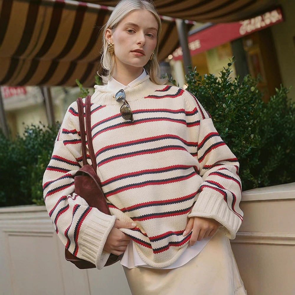 Damen Oversize gestreifter Baumwollmix-Pullover mit weitem Schnitt und Rippbündchen Nord Taschen