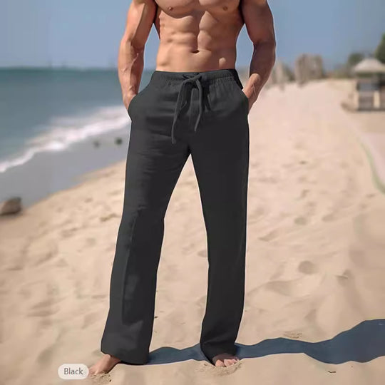Herren weite Resort-Freizeithose im Palazzo-Stil aus Leinenmix mit Tunnelzug und seitlichen Eingrifftaschen Nord Taschen