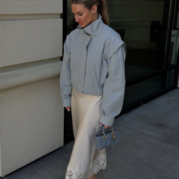 Damen Cropped Übergangsjacke mit Stehkragen und betonter Schulterpartie Nord Taschen
