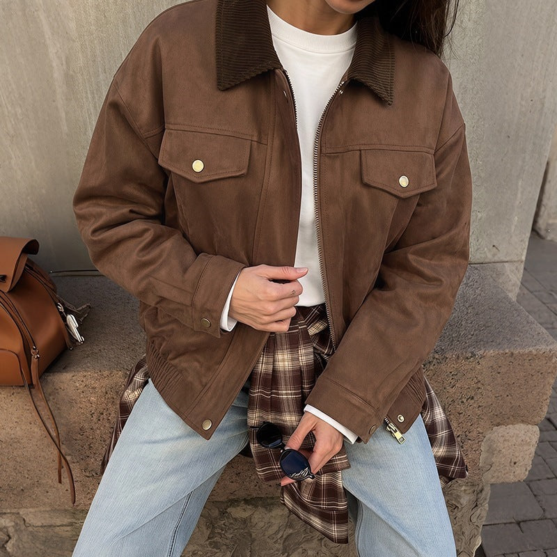Damen Kurzjacke aus Wildlederimitat mit Cordkragen, Reißverschluss & Pattentaschen Nord Taschen