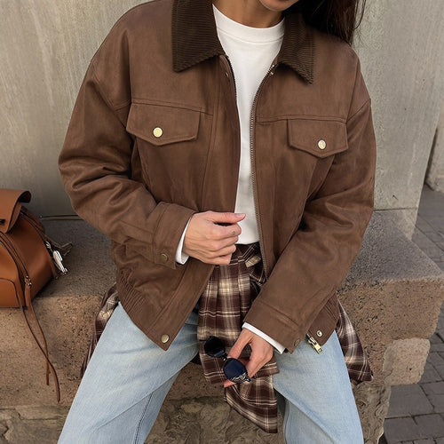 Damen Kurzjacke aus Wildlederimitat mit Cordkragen, Reißverschluss & Pattentaschen Nord Taschen