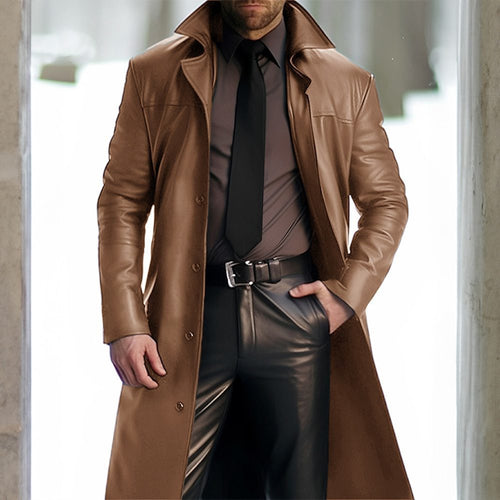 Herren Langer Ledermantel mit Hemdkragen, tailliertem Schnitt und verdeckter Knopfleiste Nord Taschen