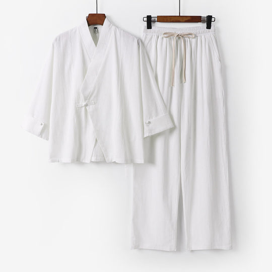 Unisex Leichtes Zen-Lounge-Set im Kimono-Stil mit überschnittener Schulter verdeckter Knotenleiste und elastischer Tunnelzughose Nord Taschen