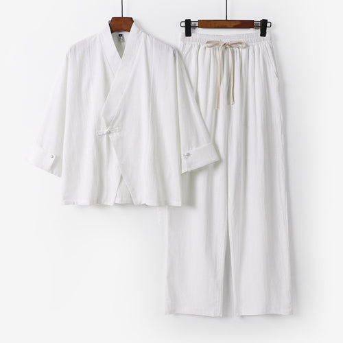 Unisex Leichtes Zen-Lounge-Set im Kimono-Stil mit überschnittener Schulter verdeckter Knotenleiste und elastischer Tunnelzughose Nord Taschen