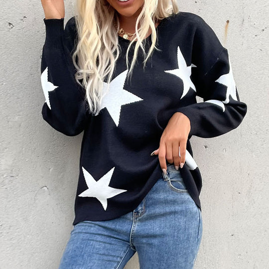 Damen Oversize V‑Ausschnitt Strickpullover mit großem Sternen‑Jacquard Nord Taschen