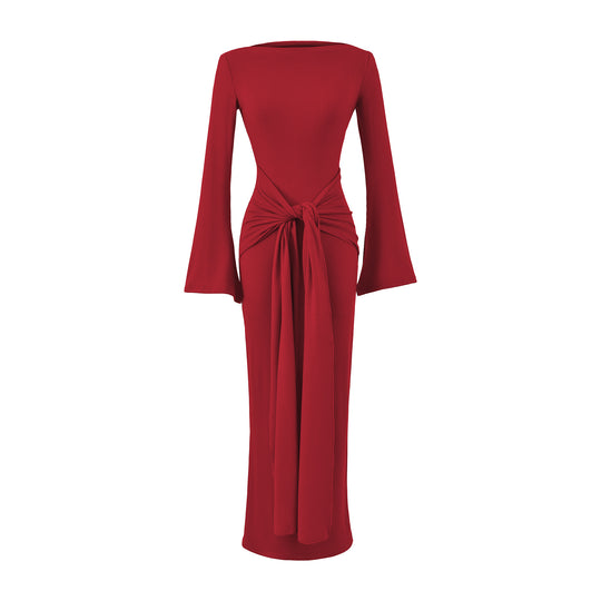 Damen Maxikleid aus Rippstrick mit Trompetenärmeln und Taillen-Knotendetail Nord Taschen