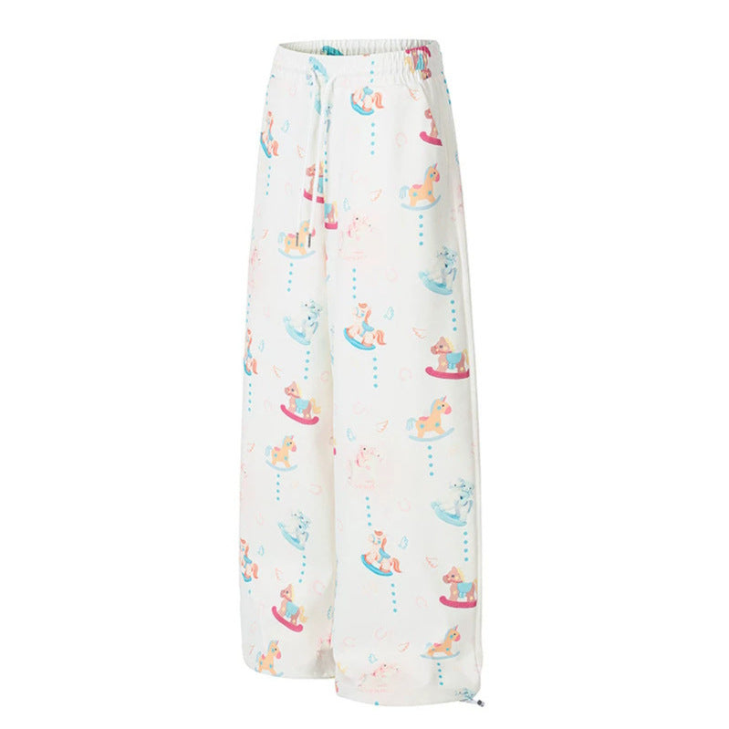 Damen Weite Palazzo-Loungehose mit Komfortbund, Kordelzug und verspieltem Schaukelpferd-Print Nord Taschen