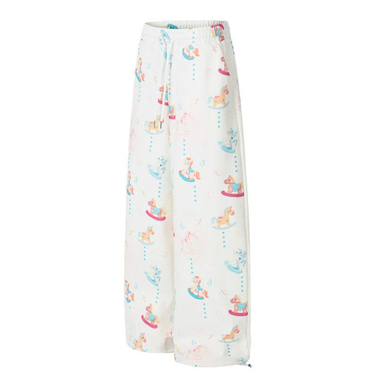 Damen Weite Palazzo-Loungehose mit Komfortbund, Kordelzug und verspieltem Schaukelpferd-Print Nord Taschen